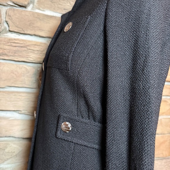 St. John Black Knit Jacket Blazer Size 4 Silver Logo Buttons USA Made - Picture 3 of 11